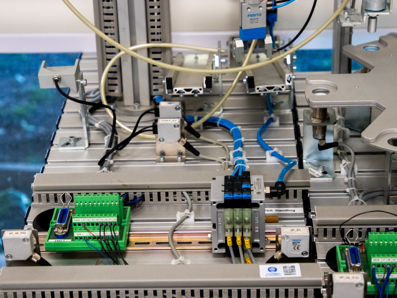 services-03 Close-up of industrial equipment showcasing electronic wiring and sensors in a manufacturing setup.