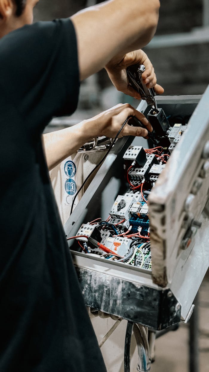 services-03 Technician adjusting wires in an electrical control panel for maintenance